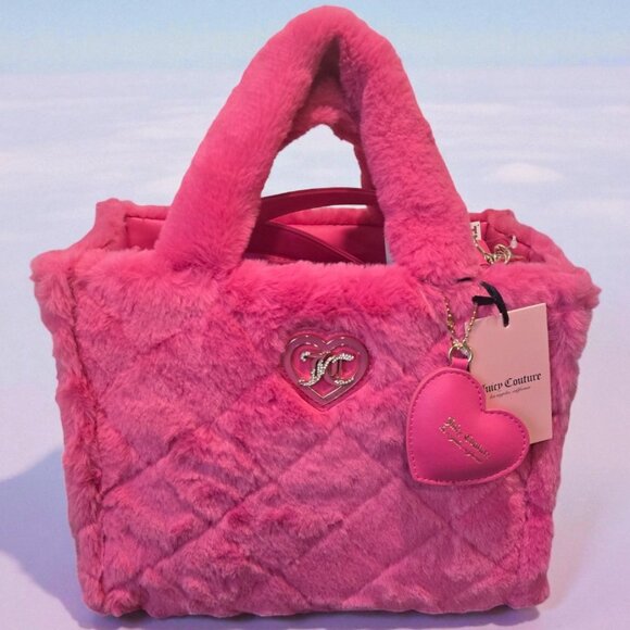 Juicy Couture Handbags - Juicy Couture Let's Get Cozy Pink Faux Fur Quilted Tote Bag Heart Charm & Strap